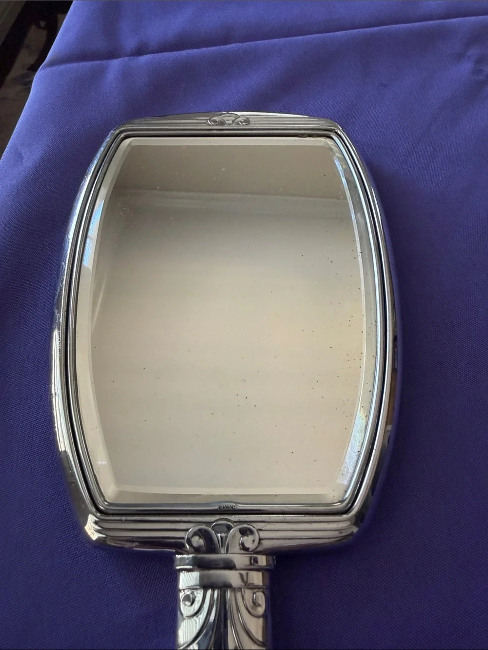 Vintage Art Defo Evans Vanity Hand Mirror  Silver Tone Floral Detail